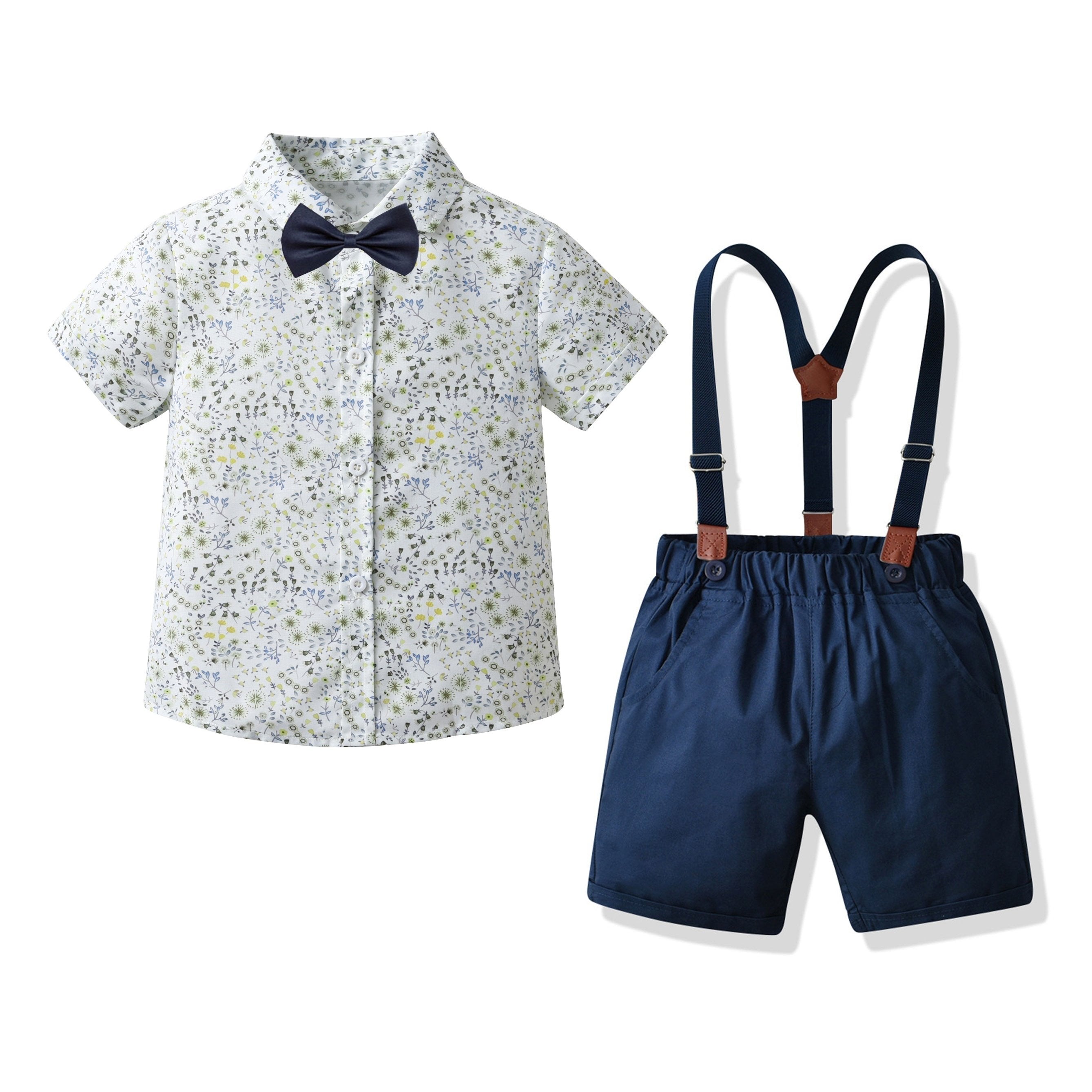 Baby Toddler Boy Floral Shirt Bowtie Suspender Pants Outfit