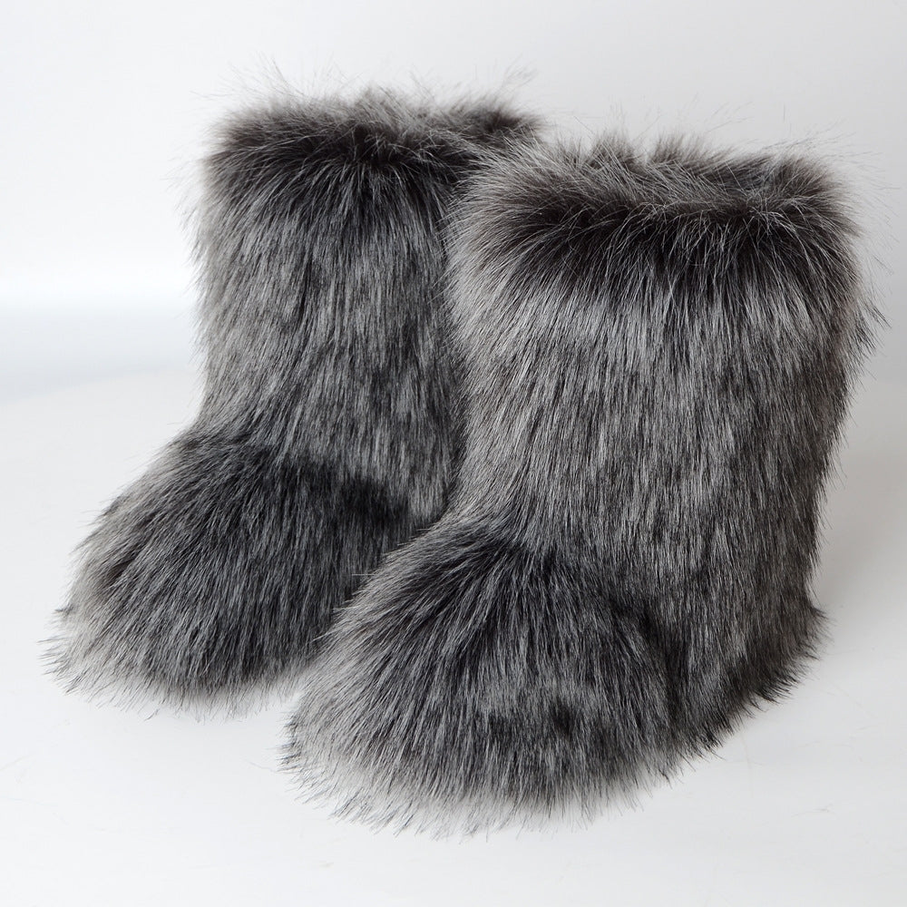 Women's Fuzzy Snow Boots Soft Slip On Flat Shoes