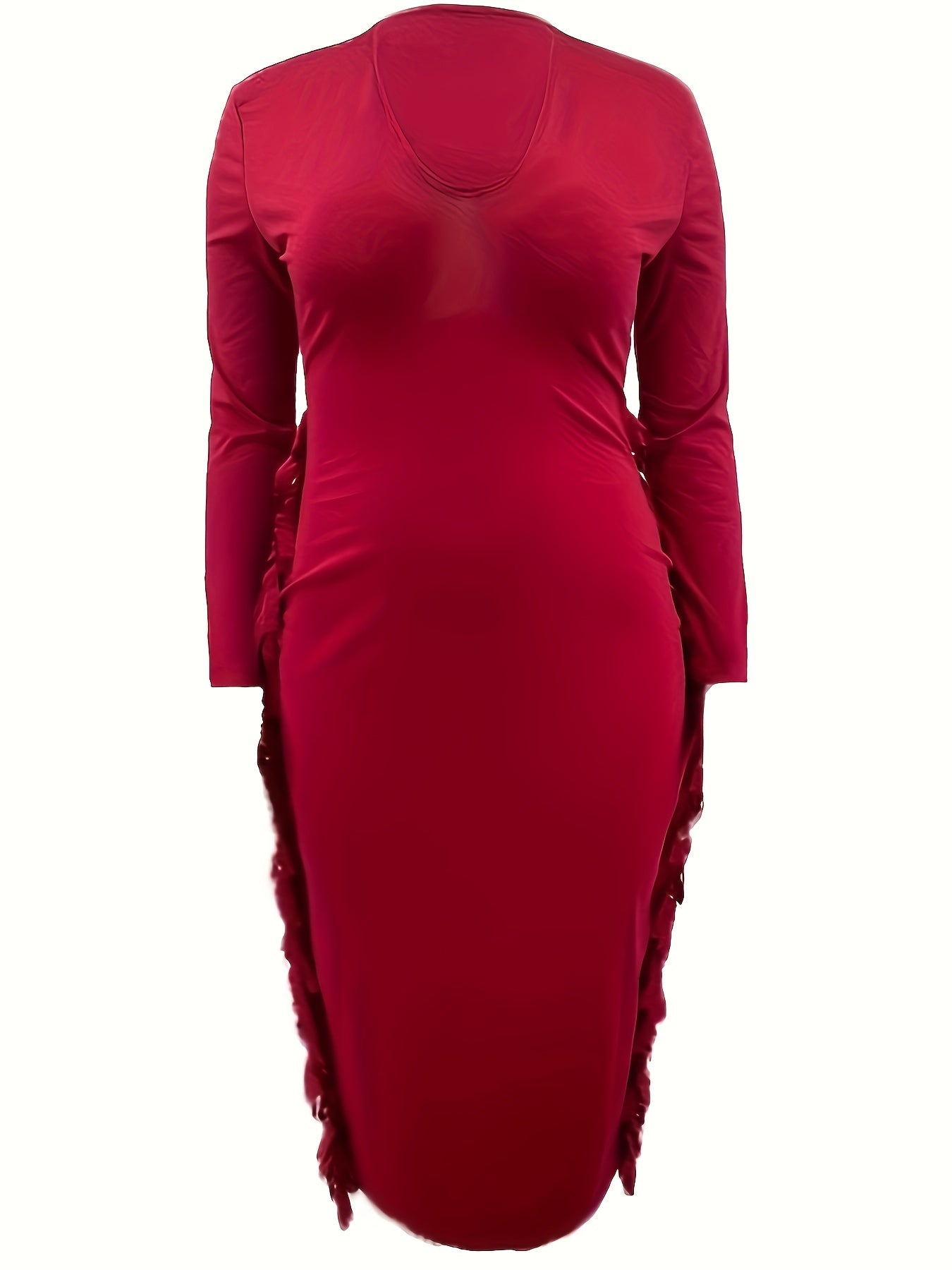 Casual Dress Solid Long Sleeve V Neck Fringe Trim Midi Dress