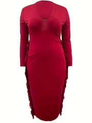 Casual Dress Solid Long Sleeve V Neck Fringe Trim Midi Dress