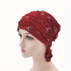 Sequin Decor Ruffle Turban Cap Elastic Head Wrap Ramadan Hijab Hats