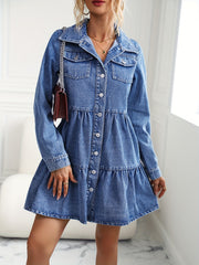 Denim Dress Long Sleeve Button Up Collar Mini Smock