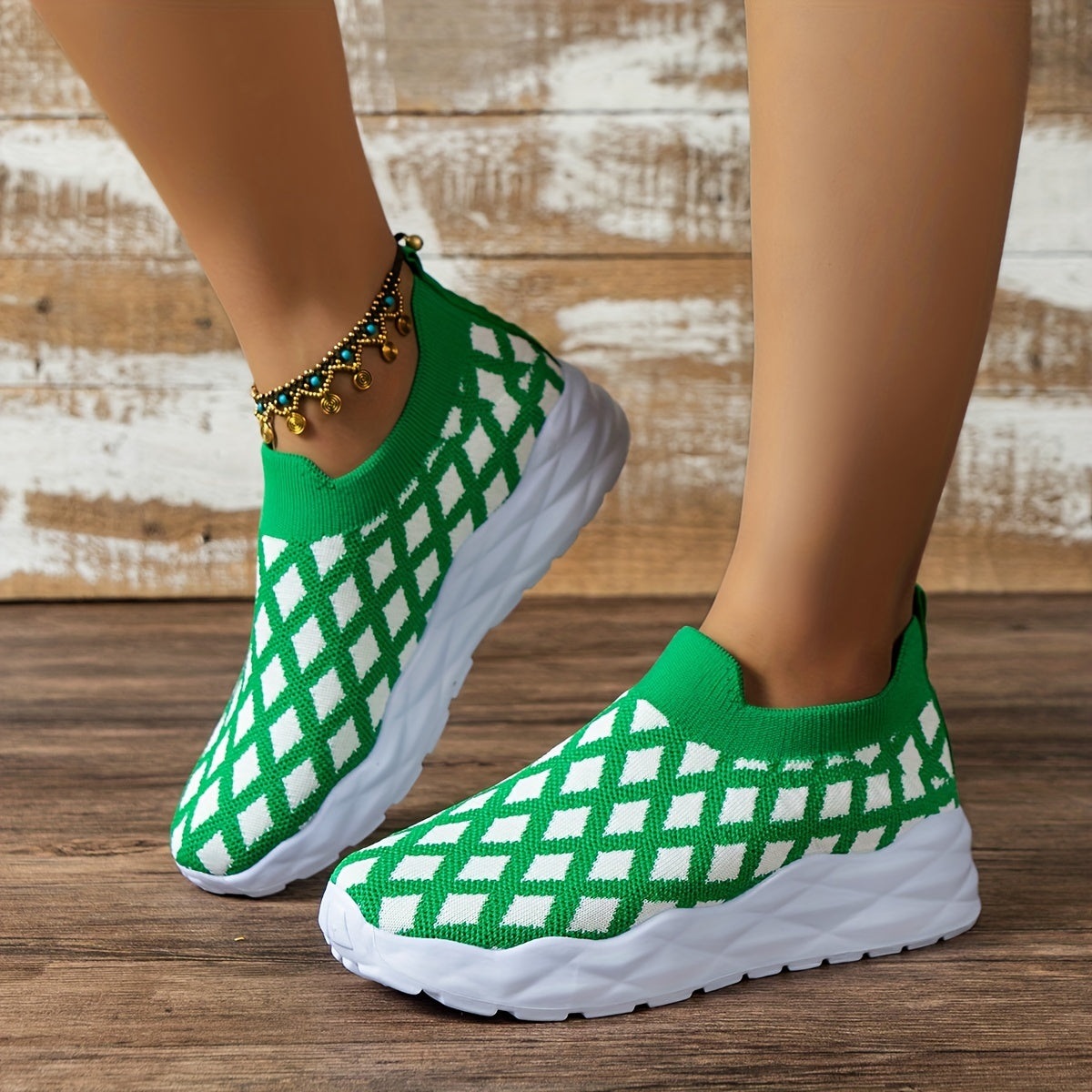 Women's Green Plaid Chunky Sneakers Lightweight Outdoor Sport Shoes