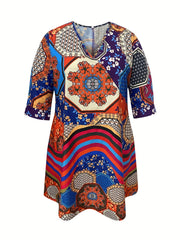 Boho Dress Women's Plus Geo Print Half Sleeve V Neck Stretch Dress