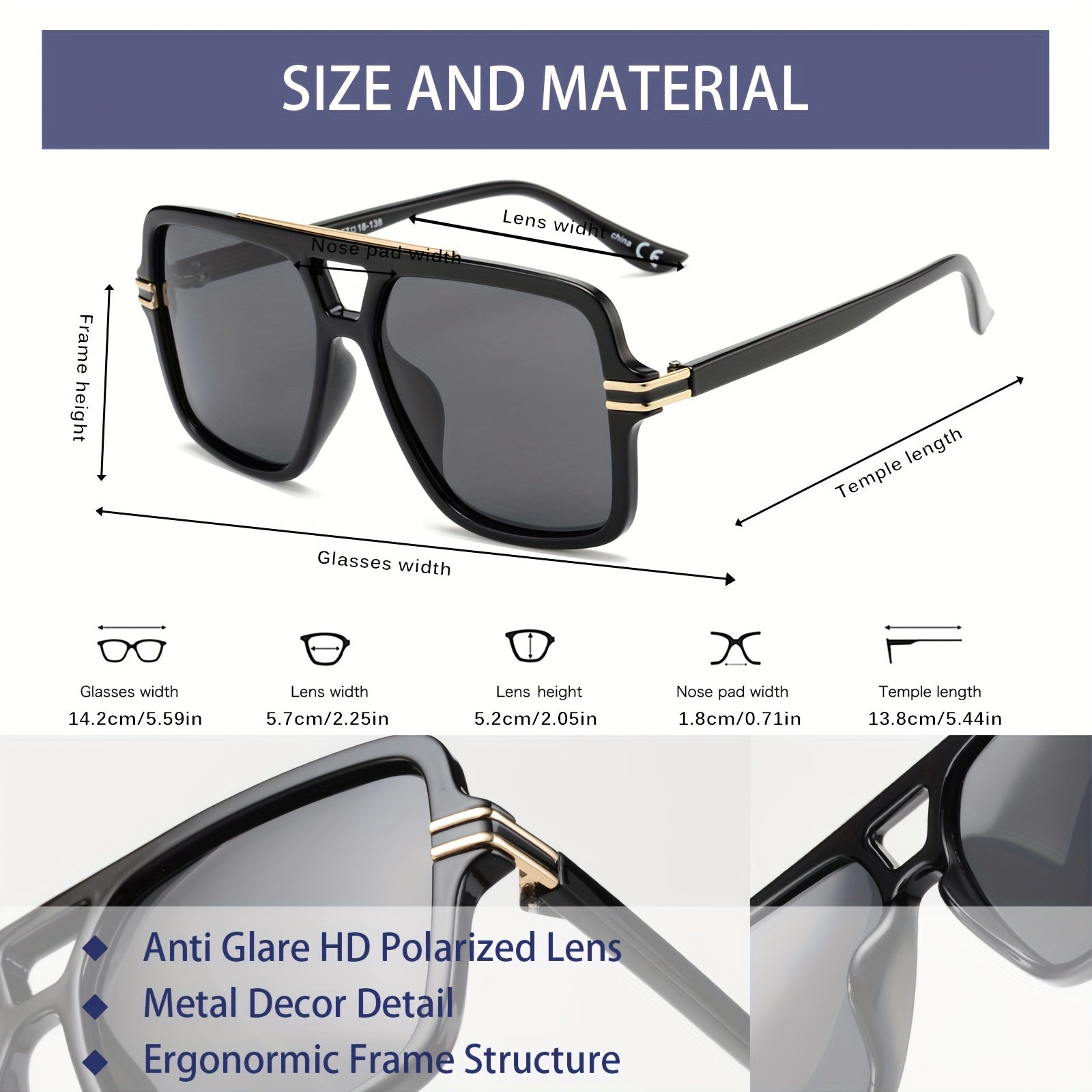 OUWEN Retro Oversized Square Pilot Polarized Men's Sunglasses