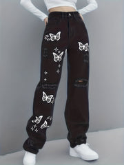Butterfly Print Straight Jeans Ripped Holes Wide Legs Jeans