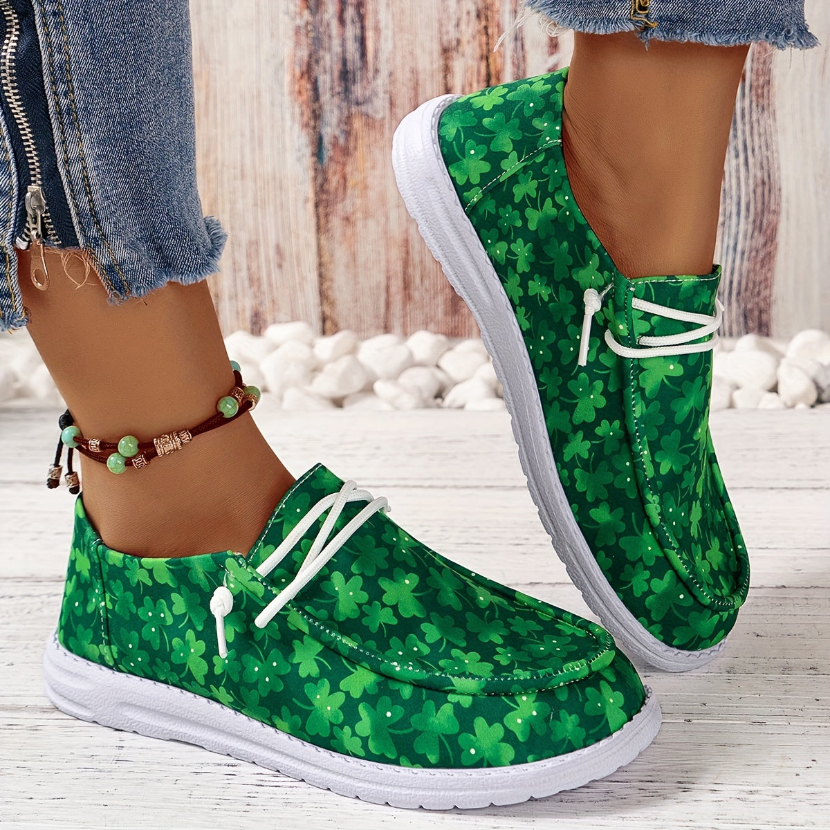 Green Floral Pattern Slip On Flat Shoes Women's Shallow Mouth Casual Shoes