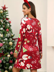 Christmas Dress Women's Plus Print Long Sleeve A line Dress
