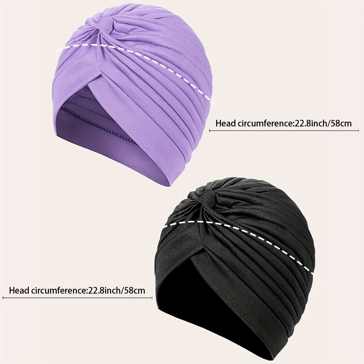 2pcs Purple & Turban Cap BowKnot Pleated Head Wraps Elastic Ramadan Head Scarf