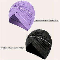 2pcs Purple & Turban Cap BowKnot Pleated Head Wraps Elastic Ramadan Head Scarf