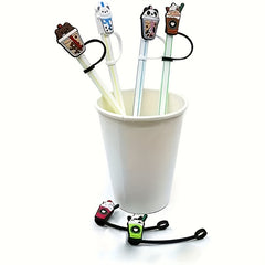 12pcs Reusable Silicone Straw Cap Cartoon Drinking Straw Plugs