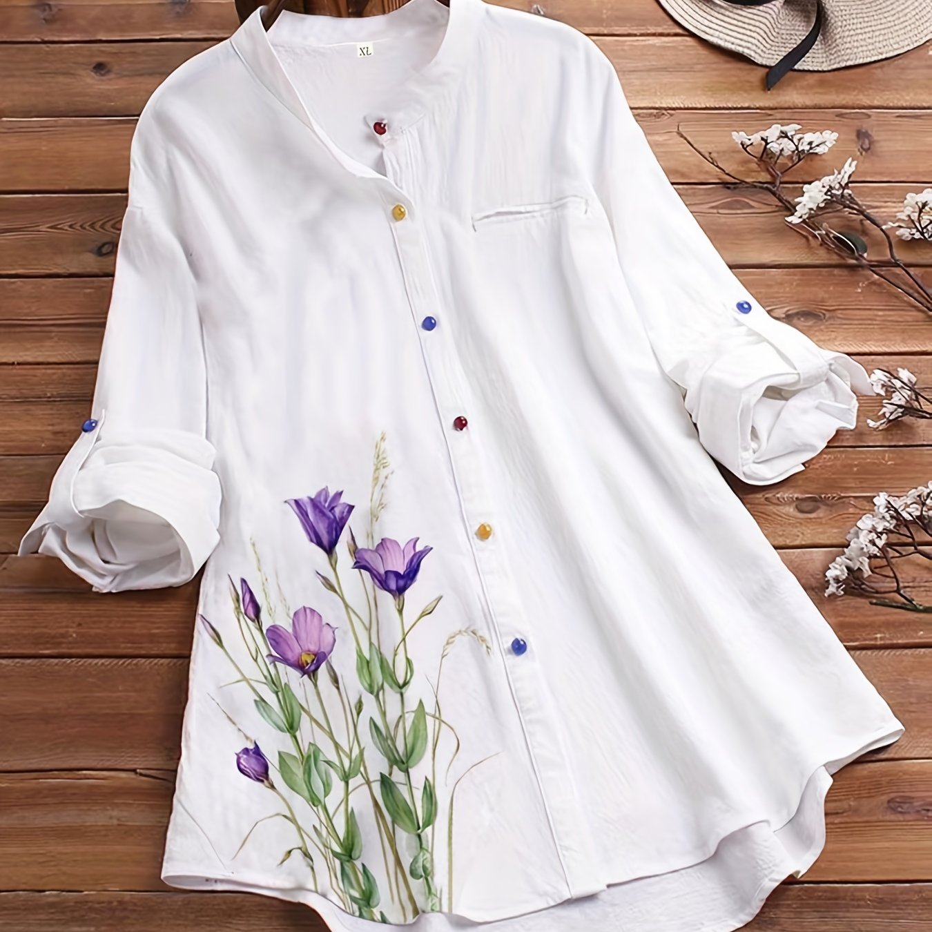 Floral Button Up Roll Sleeve Blouse