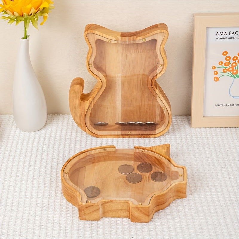 Wooden Coin Storage Jar Love Heart Kitten Gift Savings Wood Crafts Ornaments