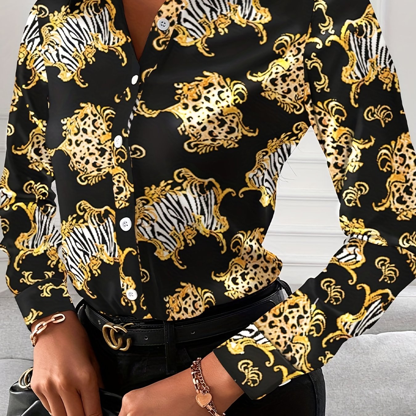 Women's Floral Print Polo Neck Blouse