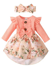Floral Print Dress & Headband Set for Baby Girls