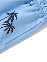 Men's Casual Cerulean Sports Shorts with Tropical Print for Holiday Party
