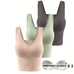 3 Pcs Seamless Ribbed Tank Top V Neck Beauty Back Vest