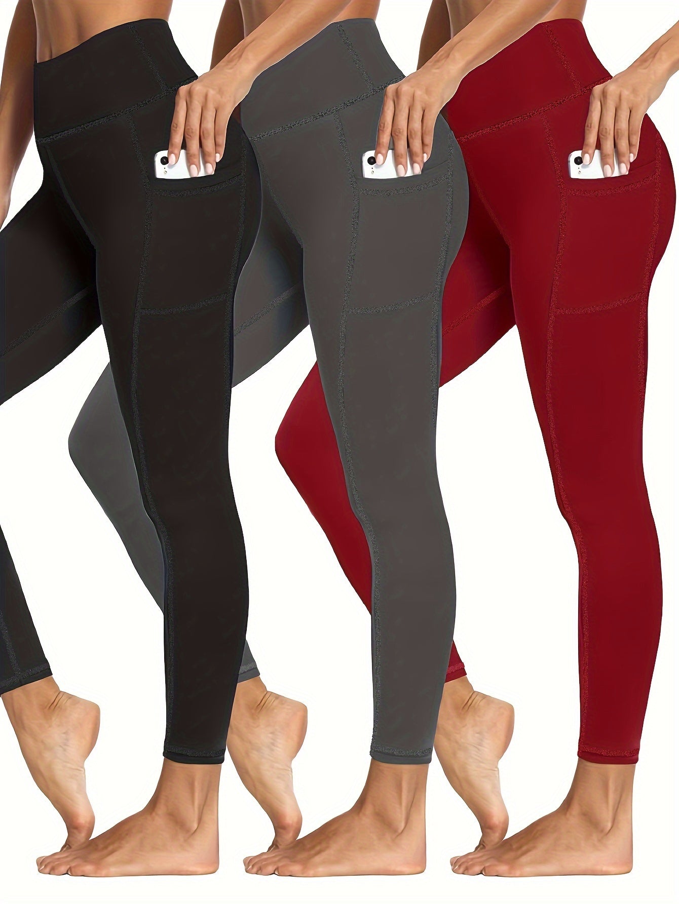 3 Pack Plus Size Sports Leggings Women's Plus Solid Pipping High Stretch