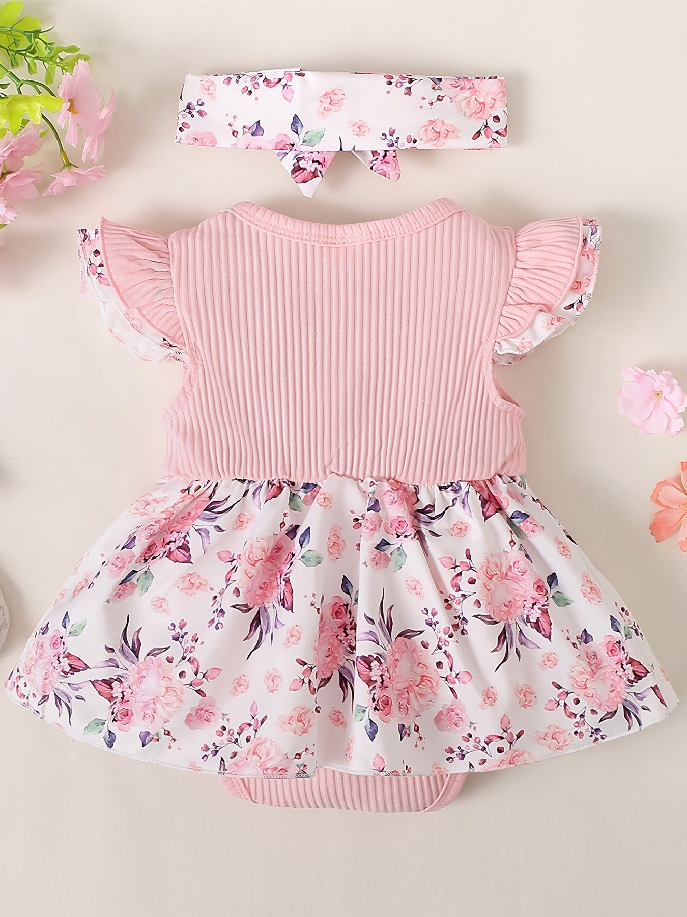 Newborn Baby Girls Floral Romper Ruffle Sleeve Bodysuit & Headband