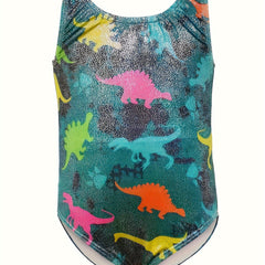 Girls Dino Pattern Sleeveless Gymnastics Suit for Sports Training