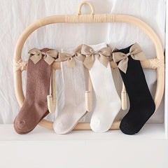 Girls Cotton Big Bow Decor Knee High Socks