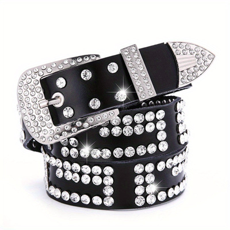 Rhinestone Decor Leather Belt Sparkling Waistband Hip Hop Cowboy Cowgirl Belts