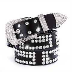 Rhinestone Decor Leather Belt Sparkling Waistband Hip Hop Cowboy Cowgirl Belts