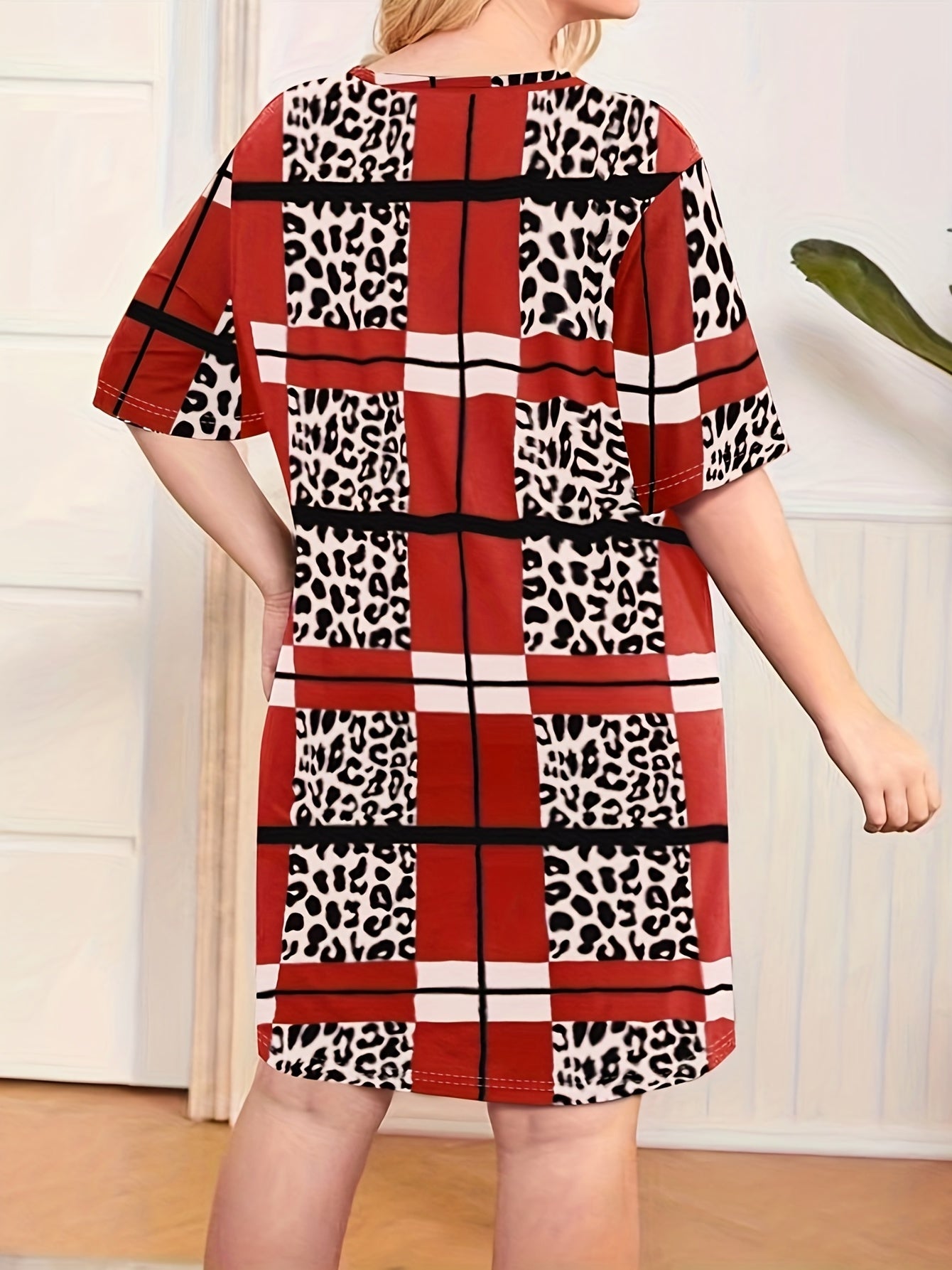 Leopard & Plaid Print Nightdress Short Sleeve Sleep Dress