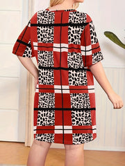 Leopard & Plaid Print Nightdress Short Sleeve Sleep Dress