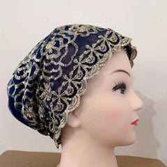 Double Layer Lace Turban Cap Embroidery Head Wrap Mesh Beanie Women Elastic Bonn