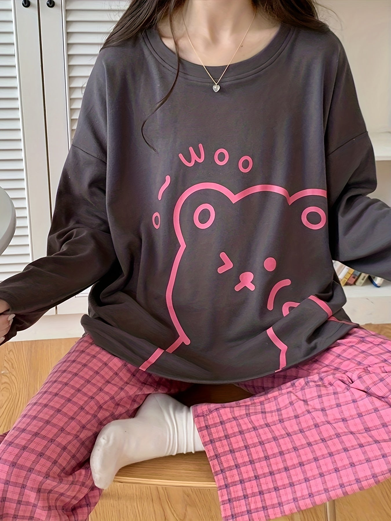 Bear Print Pajama Set Long Sleeve Top & Plaid Pants