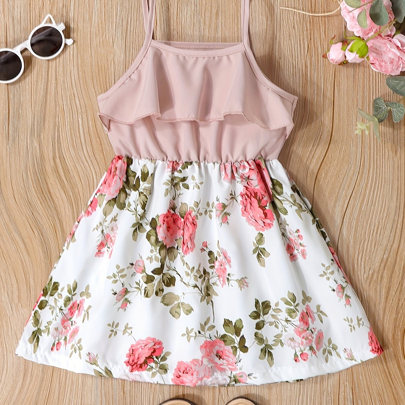 Toddler Girls Flowers Graphic Ruffle Trim Cami Princess Dress