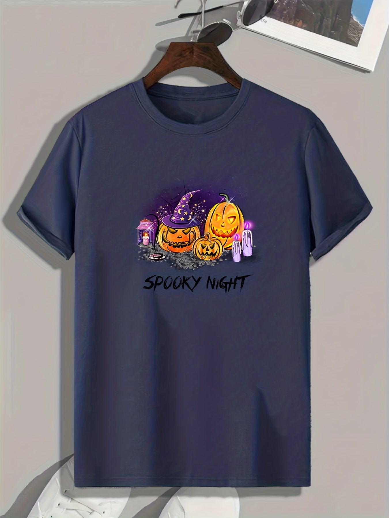 Halloween Pumpkin Print Tee Shirt Men's Casual Stretch Round Neck T-shirt