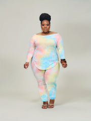 Tie Dye Long Sleeve Top & Pants Set Plus Size Medium Stretch 2pcs