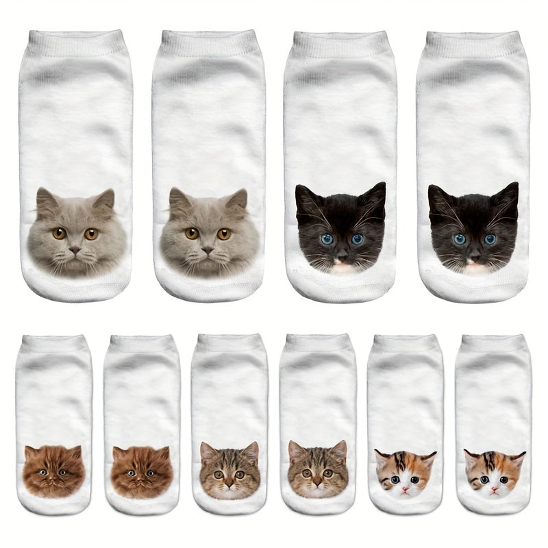 5 Pairs 3D Cat Print Socks Cute Low Cut Women's Stockings