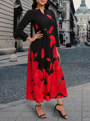 Plant Print V Neck Dress Long Sleeve Maxi Dress Women's Clothing