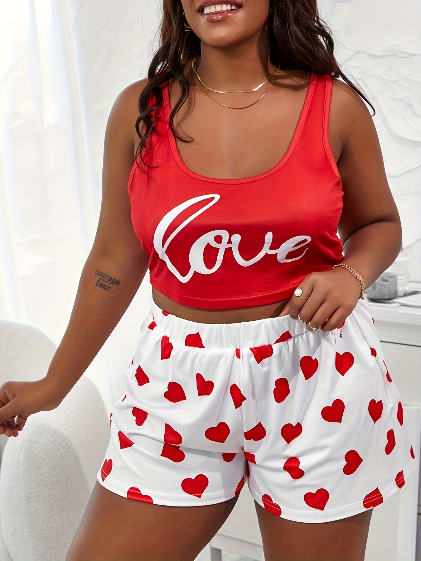 Letter & Heart Print Crop Tank Top & Shorts Pajama
