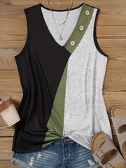 Colorblock Button Tank Top V Neck Sleeveless Casual Summer Top