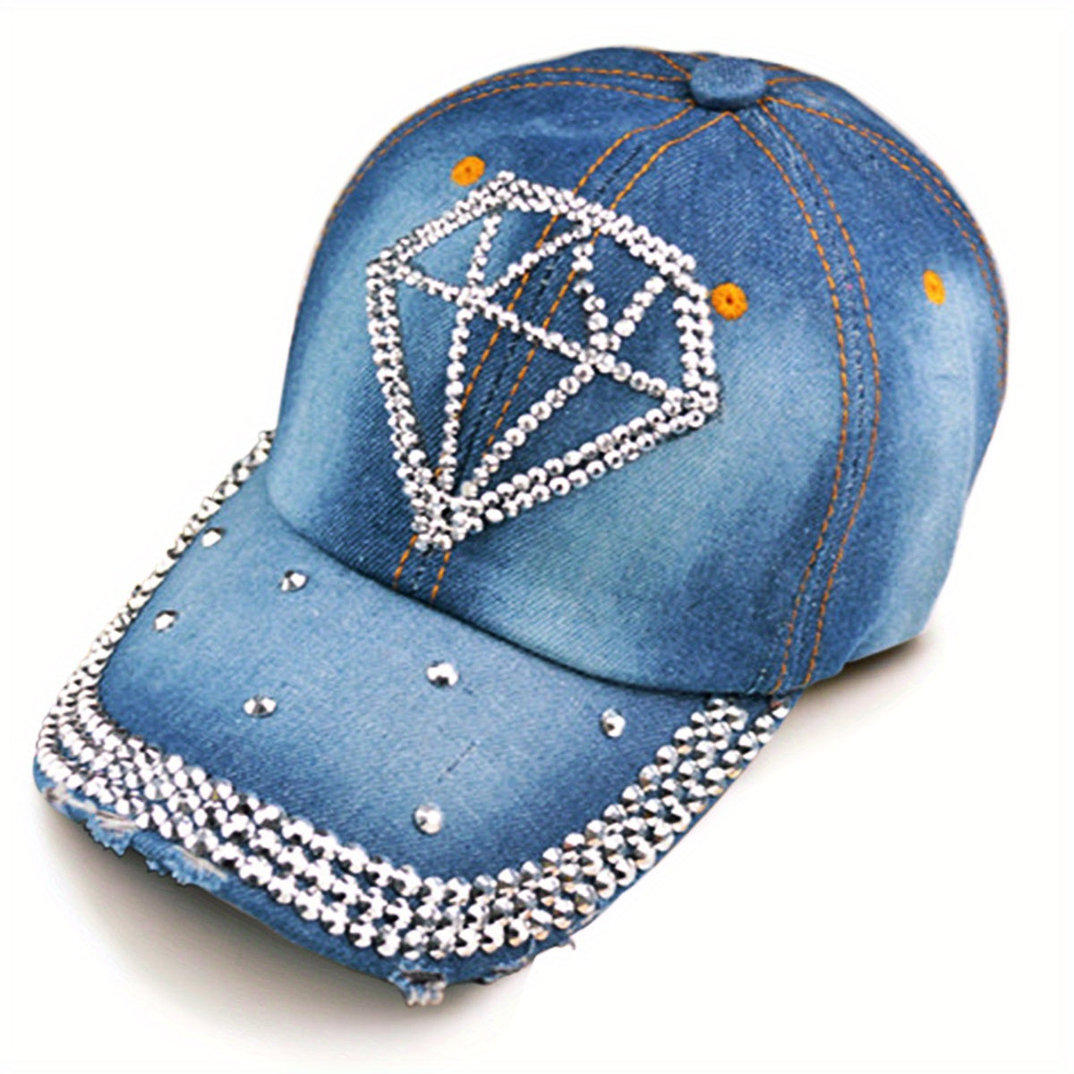 Rhinestone Heart Baseball Cap Denim Distressed Sun Hat Adjustable