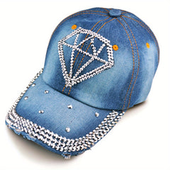 Rhinestone Heart Baseball Cap Denim Distressed Sun Hat Adjustable