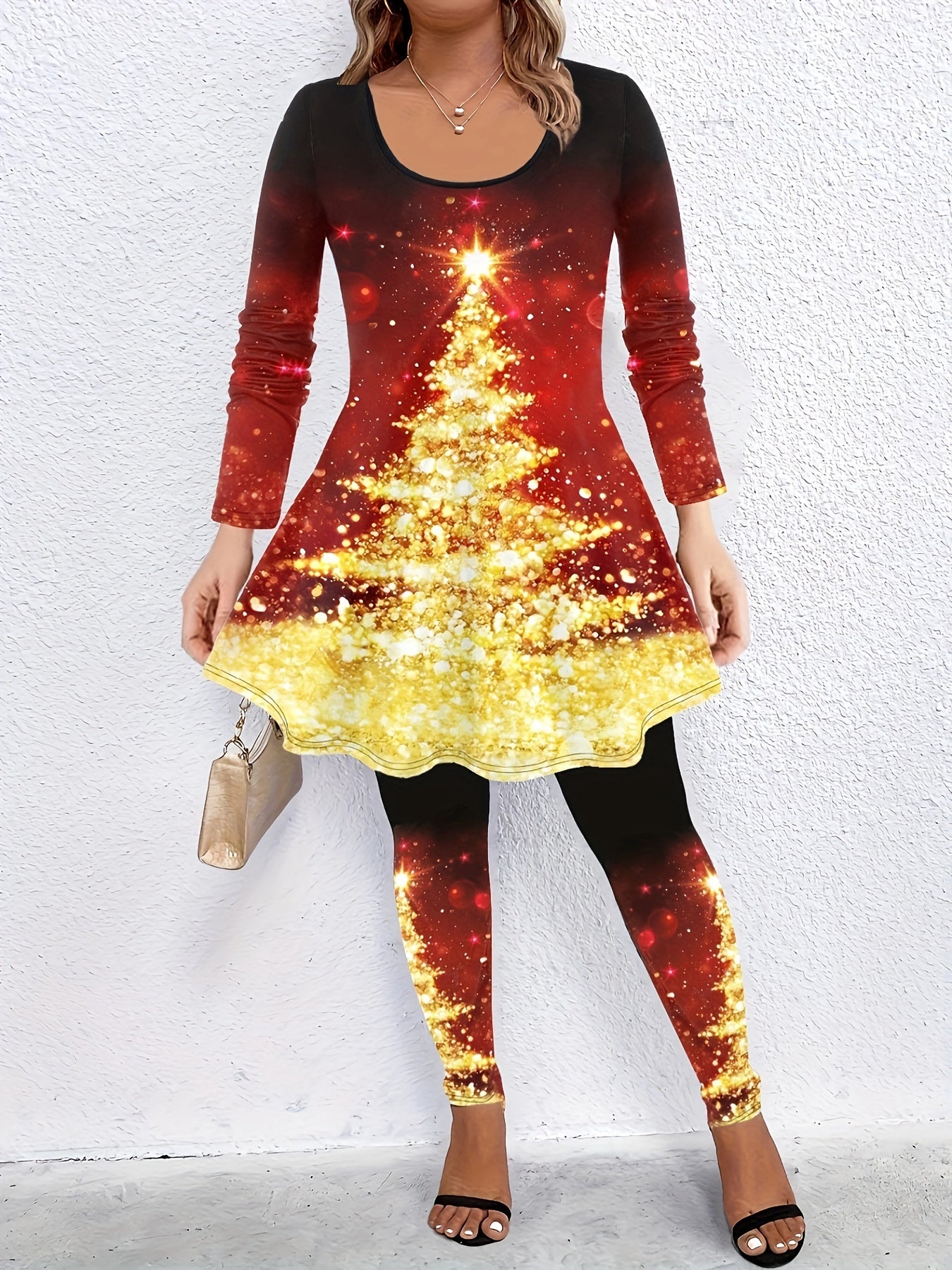 Women's Plus Tree Print Top & Leggings Outfits 2 Piece Set