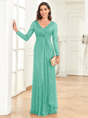 Sequins V Neck Evening Dress Long Sleeve Waist Guest Prom Cocktail Floor Length