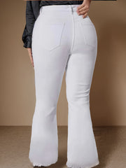 Plus Solid Button Fly High Rise Fringe Flared Jeans