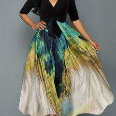 Colorblock Print Maxi Belted Dress