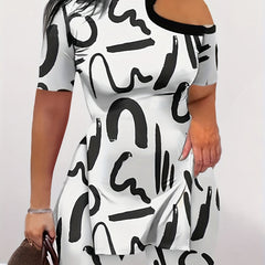 Abstract Print Two Piece Set Cold Shoulder Tee & Slim Shorts