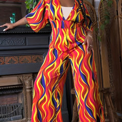 Random Print Deep V Neck Half Sleeve Wide Leg Jumpsuit