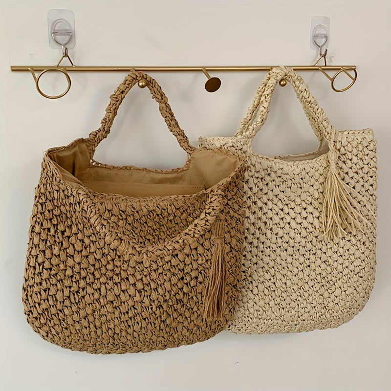 Large Capacity Straw Handbag Lightweight Braided Satchel Bag With Tassel