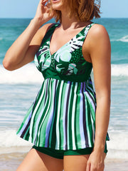 Plus Size Tropical Stripe Tankini Set Women Cami Top & Shorts Swimsuit