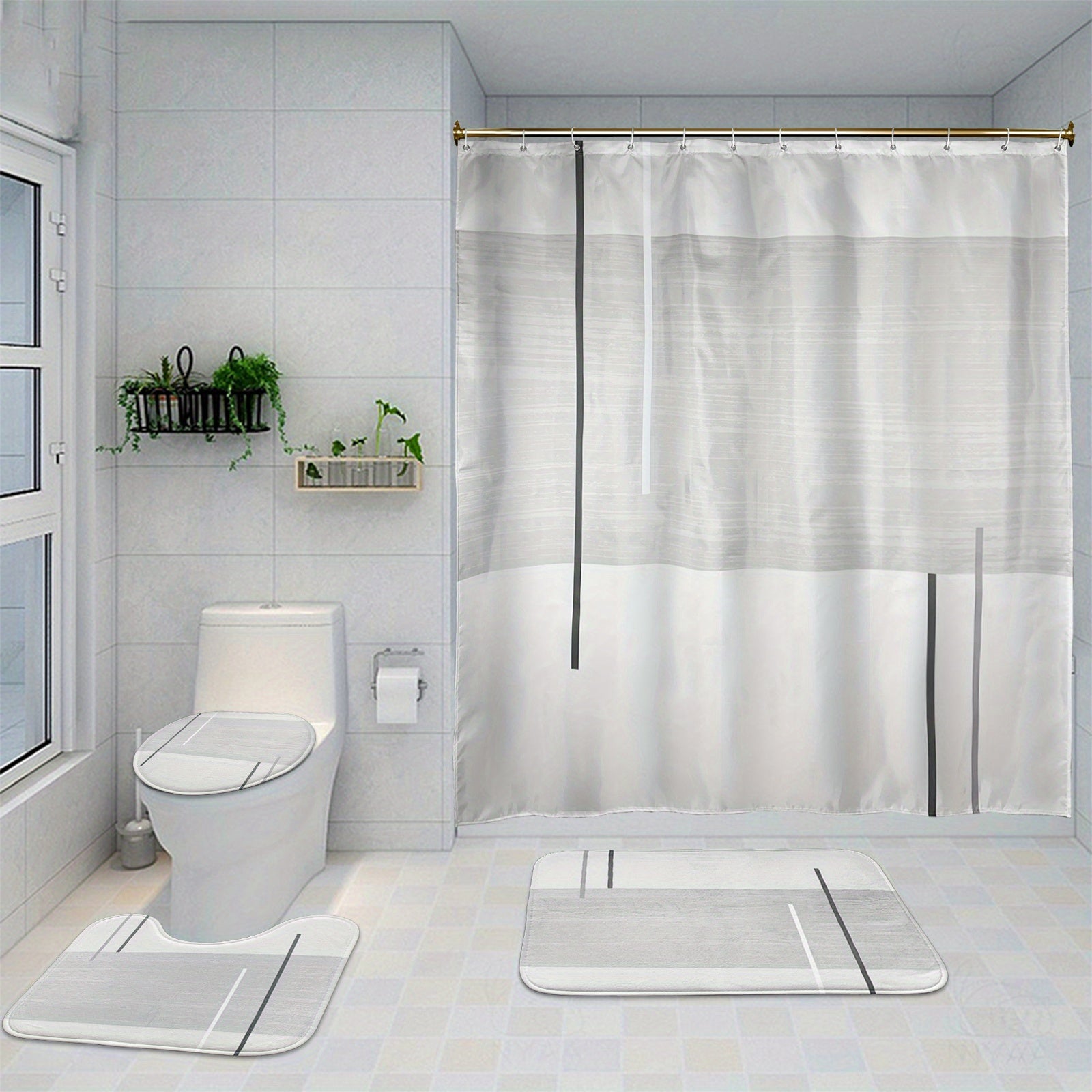 4 Piece Abstract Shower Curtain Set with Non Slip Mat, Lid Cover & 12 Hooks