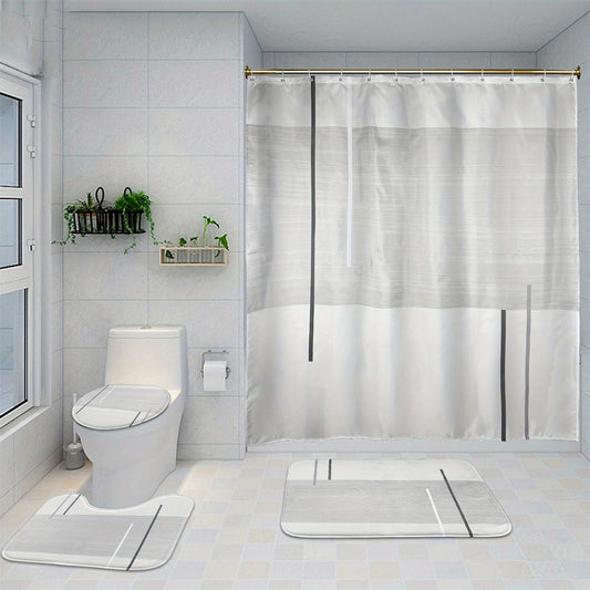 4 Piece Abstract Shower Curtain Set with Non Slip Mat, Lid Cover & 12 Hooks